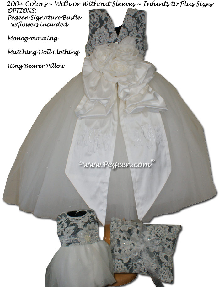 New Ivory and Pewter Gray  and tulle flower girl dresses with Aloncon Lace
