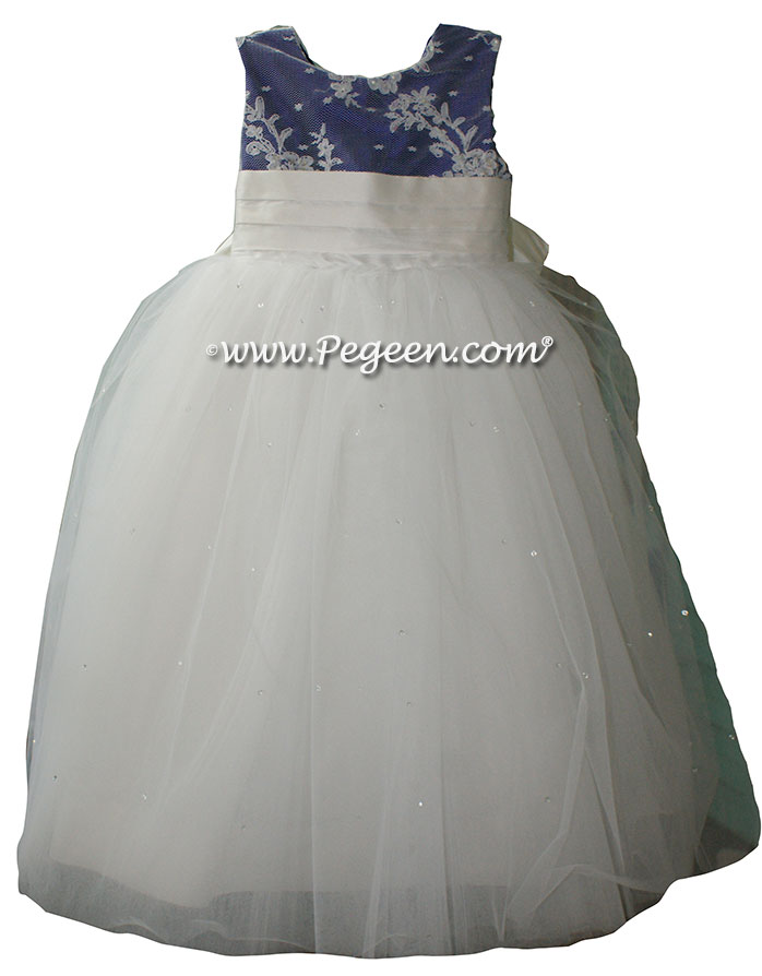 Antique white and Royal Purple aloncon lace and tulle silk flower girl dresses