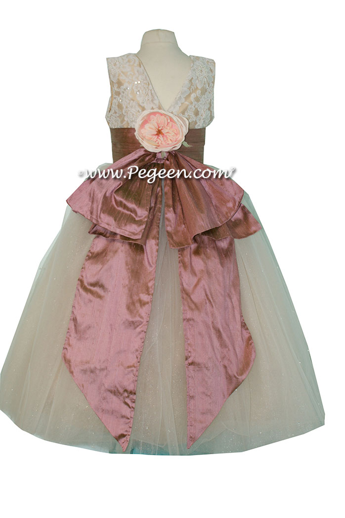 Spun Gold and Canyon Pink aloncon lace and tulle flower girl dresses Pegeen Style 697