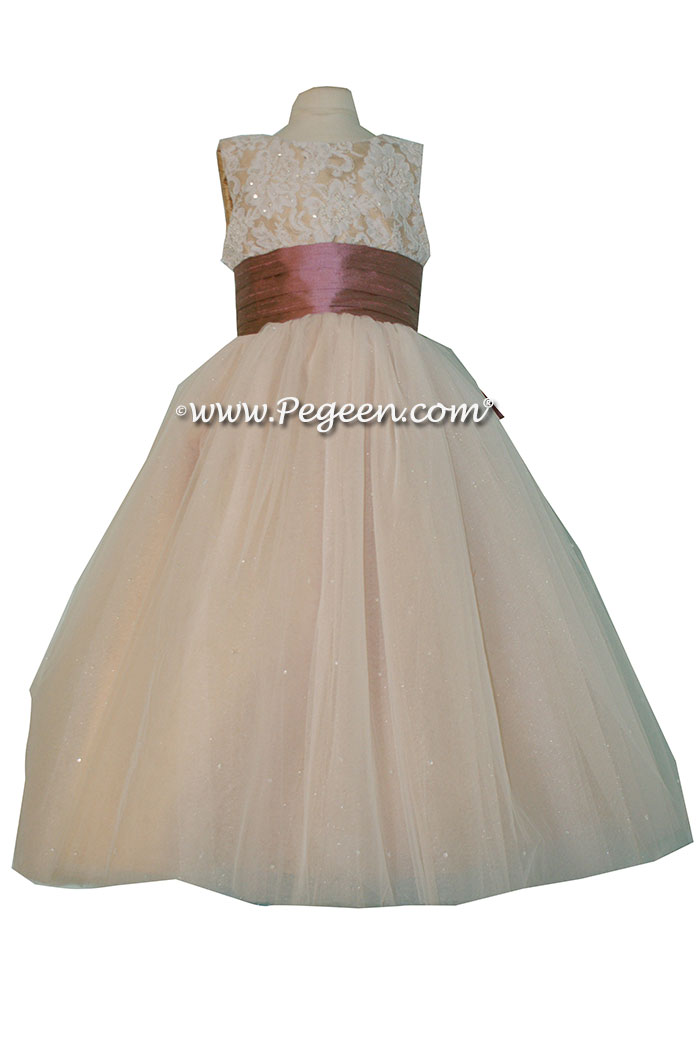 Spun Gold and Canyon Pink aloncon lace and tulle flower girl dresses Pegeen Style 697