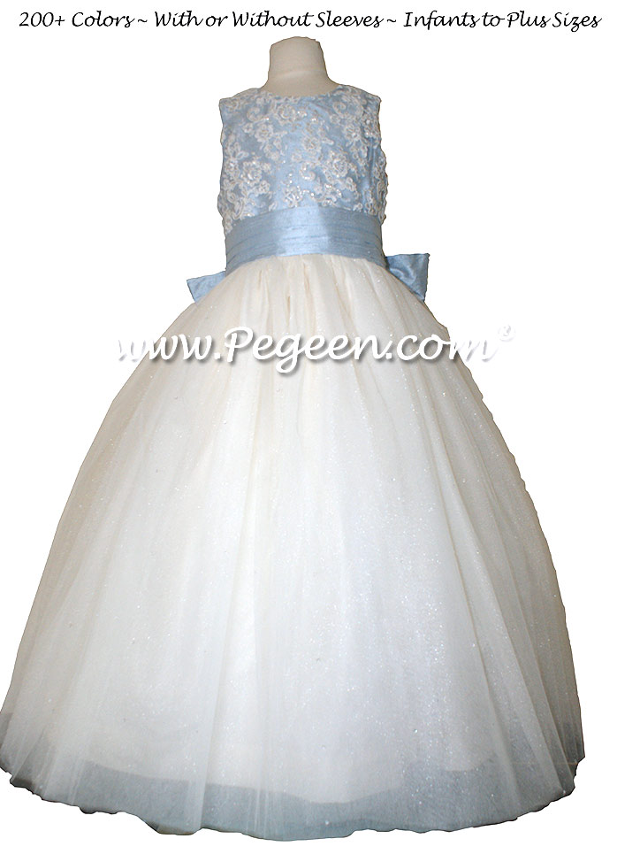 Antique New Ivory and Cloud Blue ballerina style Flower Girl Dresses with layers and layers of tulle