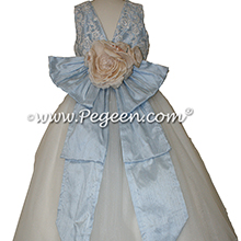 Cloud Blue and New Ivory tulle flower girl dresses with Aloncon Lace with layers and layers of tulle