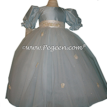 Flower GIrl Dresses with Silver Gray and White Silk with Pearls