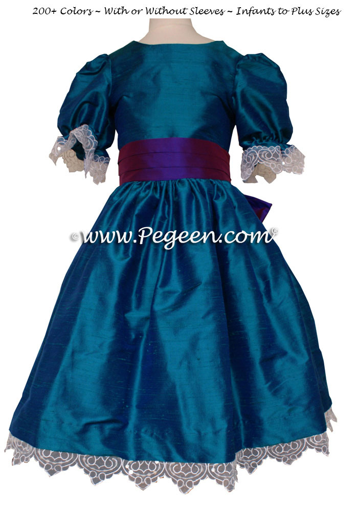 Peacock and Regal Purple flower girl dresses Style 745 by Pegeen