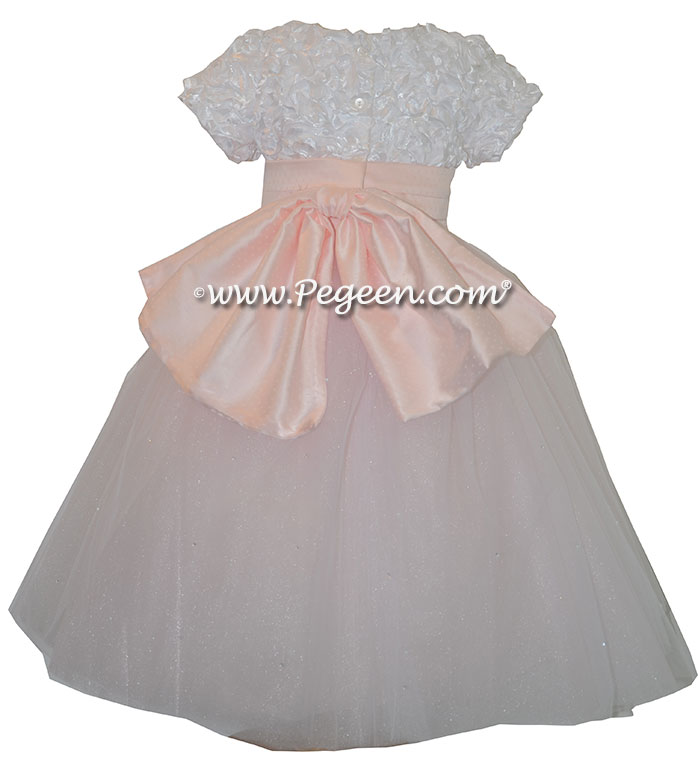 Flower Girl Dress with White Ribbon Flowered Bodice and Pink Tulle Skirt | Pegeen