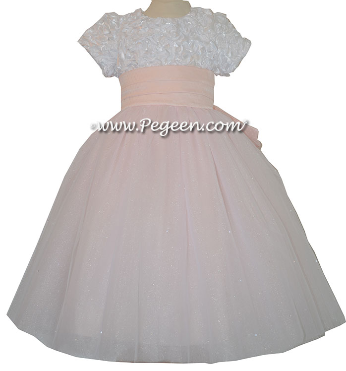 Flower Girl Dress with White Ribbon Flowered Bodice and Pink Tulle Skirt | Pegeen