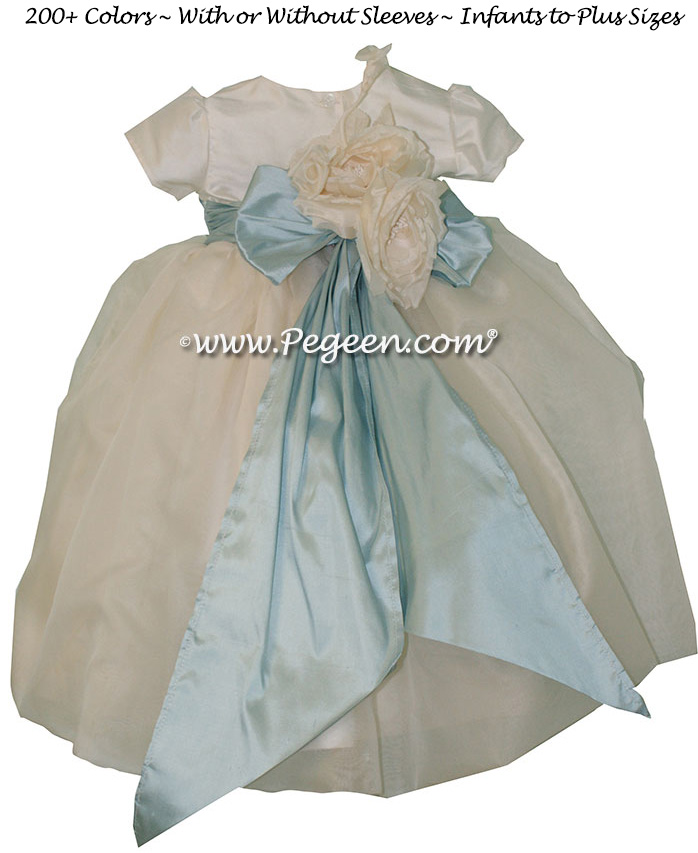 Spa Blue and New Ivory organza infant flower girl dress