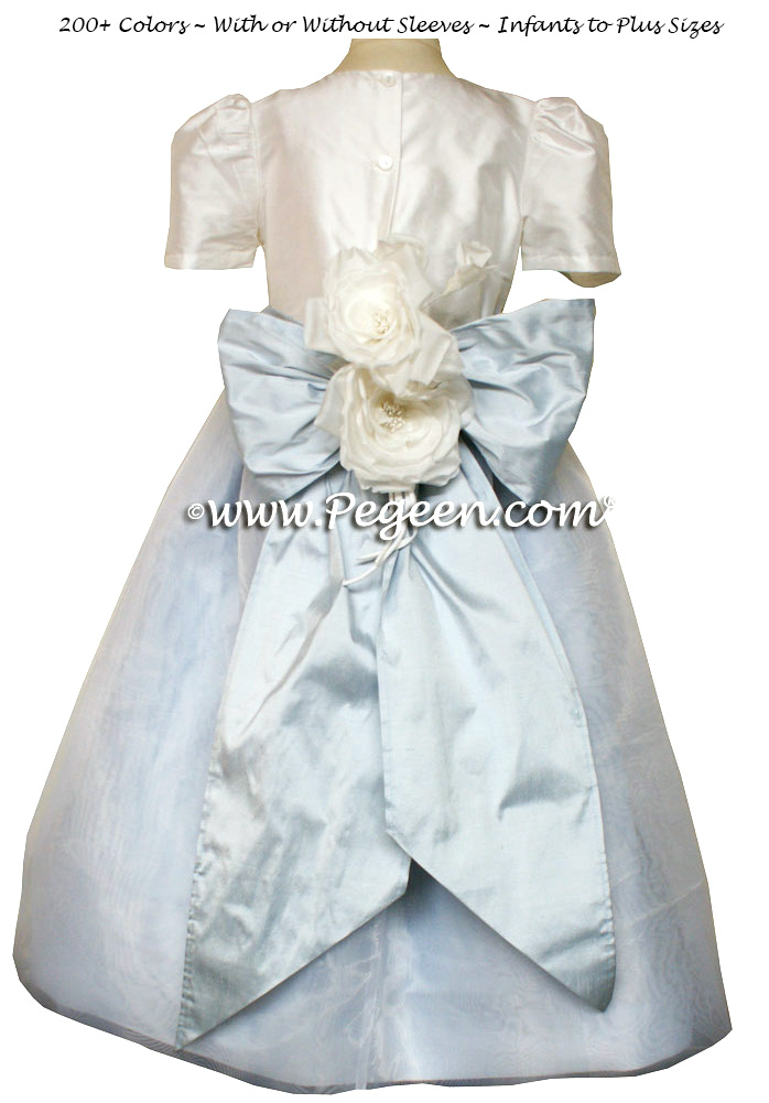 Flower girl dress in Baby Blue and Antique White organza with organza