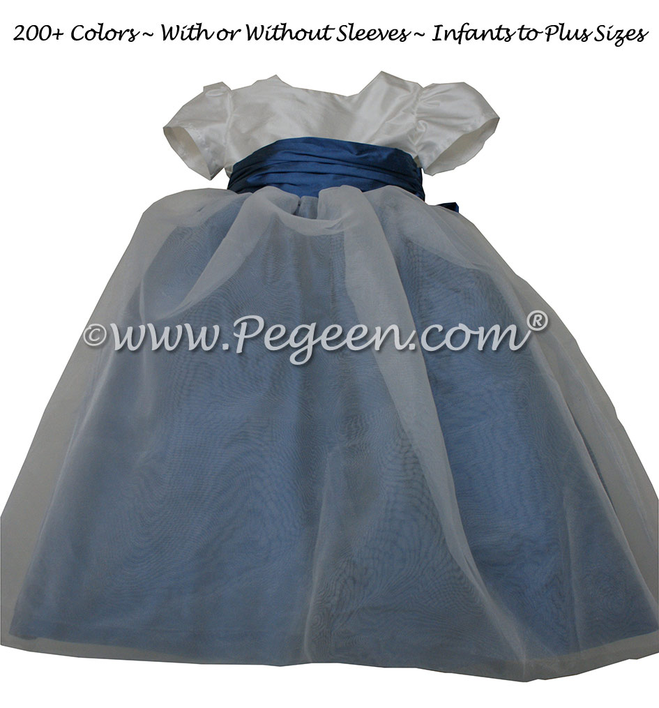 Blueberry and antique white and organza silk flower girl dresses