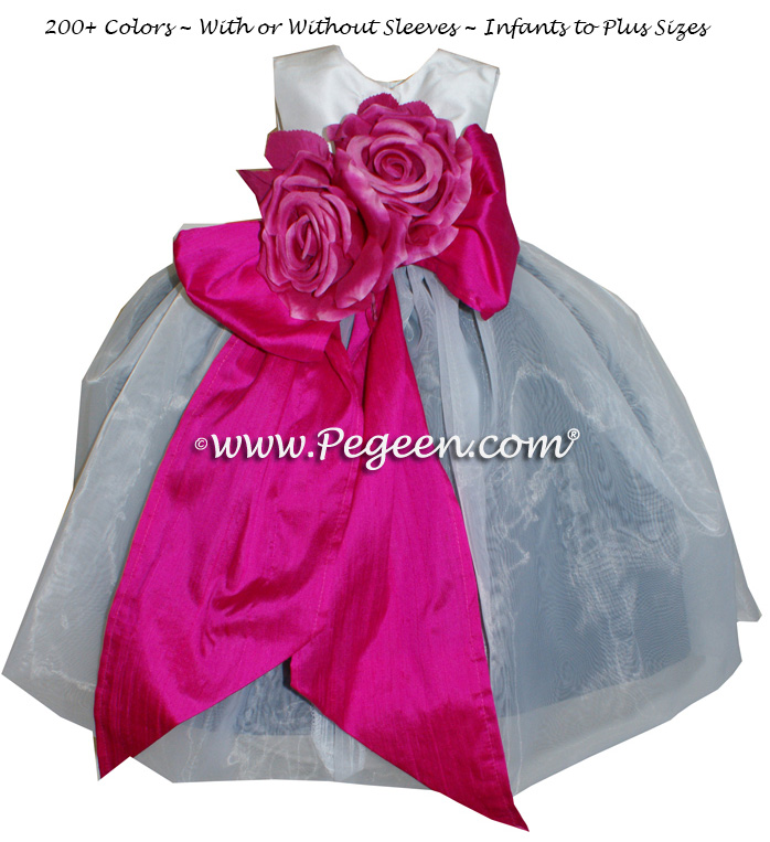 Flower girl dress in Boing Hot pink and Black and Antique White with organza