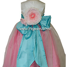 Gumdrop pink and Tiffany blue with Antique White silk Flower Girl Dresses by PEGEEN