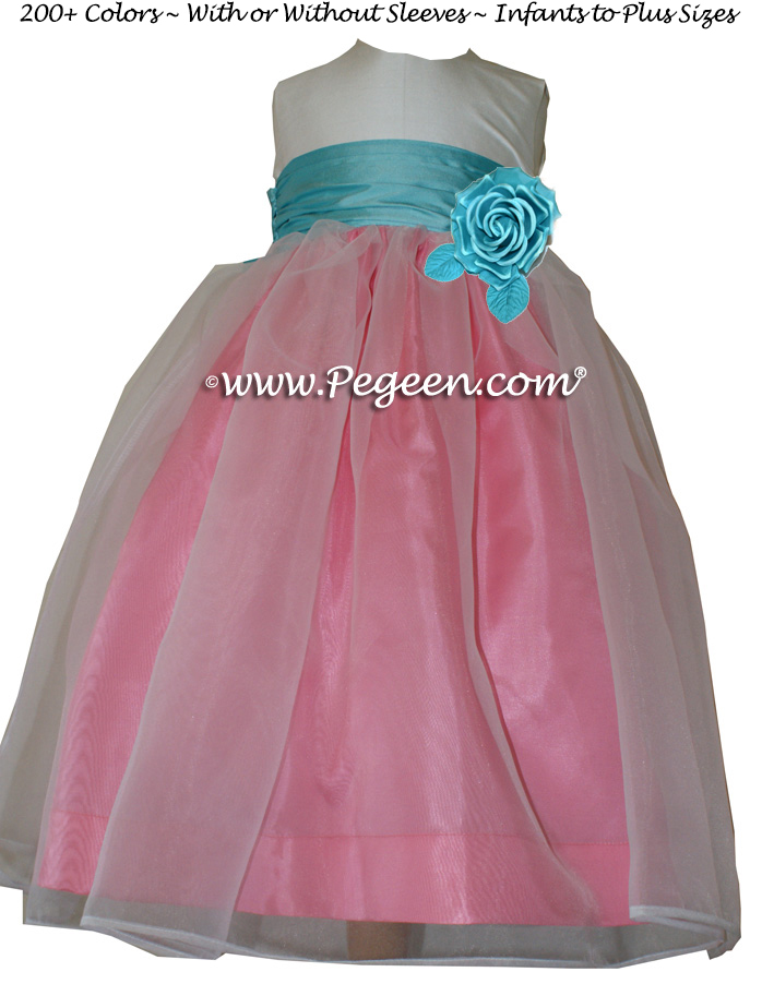 Gumdrop pink and Tiffany blue Flower Girl Dresses Style 359 with Flower and Organza Skirt