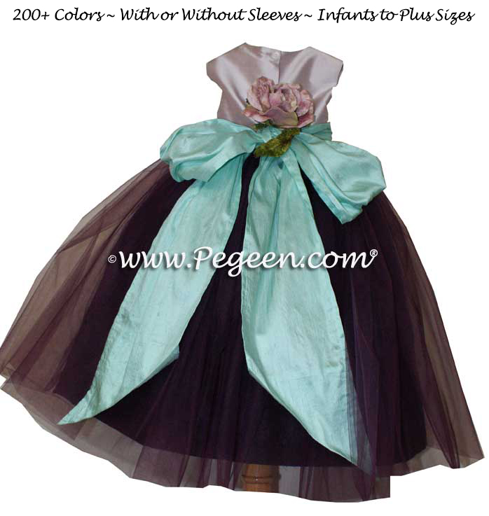 Eggplant, lavender and Aqua Silk and Tulle Flower Girl Dresses