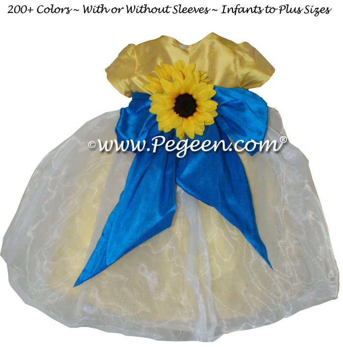 Saffron Yellow and Blue Saphire and White organza custom infant flower girl dress