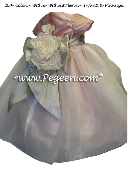 Rum Pink, Toffee and Ivory organza custom infant flower girl dress - Style 802