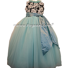 Flower Girl Dresses in Tiffany Blue Custom Tulle Black and White Damask