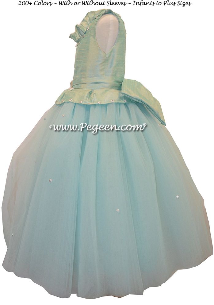 Cotillion or Couture Opal Fairy Flower Girl Dress w/tulle, Pearled Silk Trellis, and sparkle tulle with cinderella sash