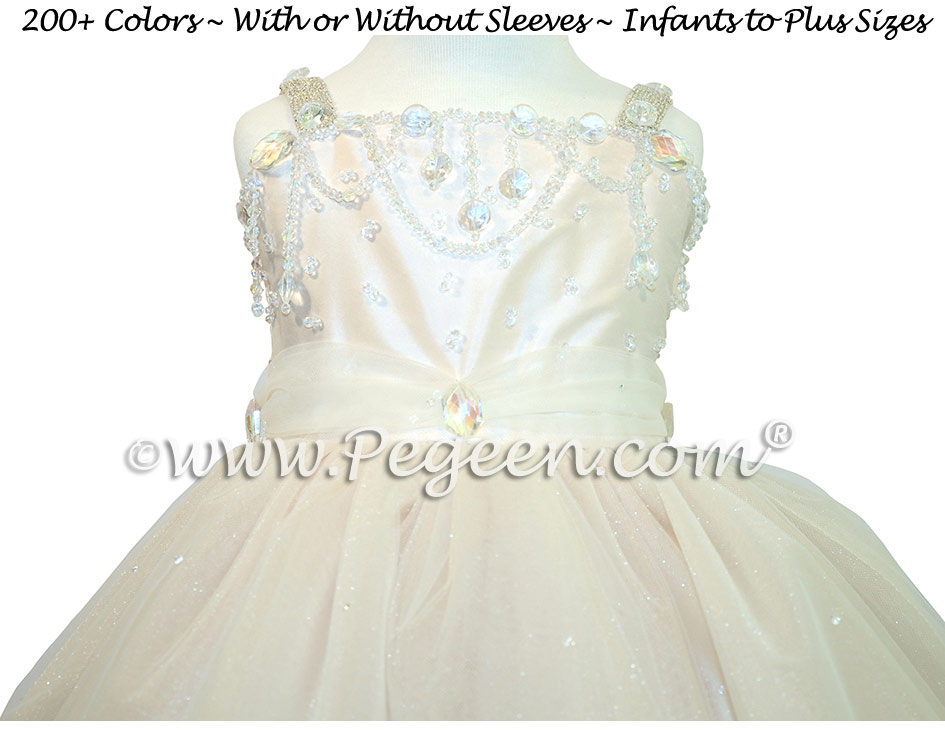 Silk Flower Girl Dress, Swarovski Crystals, Beaded Tulle, Champagne (nude)