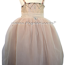Swarovski Crystals, Beaded Tulle and Silk Flower Girl Dresses in Toffee with Crystals