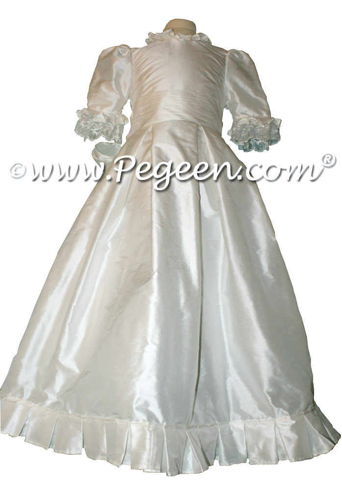 Antique White silk First Communion style dresses with Gore Skirt and Lace Trim