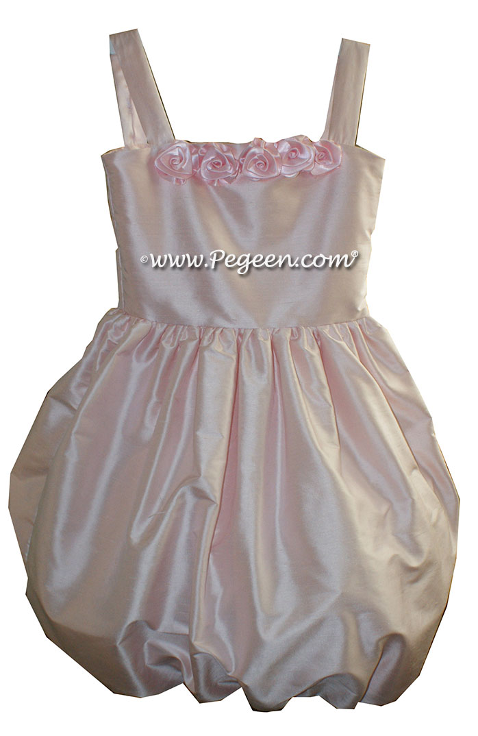 Custom Peony pink silk Jr Bridesmaids Dresses with Bubble Skirt