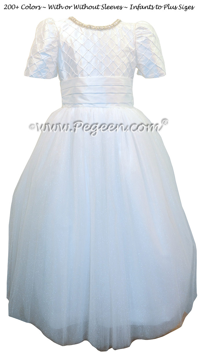 Cotillion or Couture Jr. Bridesmaids Dress w/Tulle, Pintucks and Pearled Silk Trellis, Pearls and Rhinestone Trim