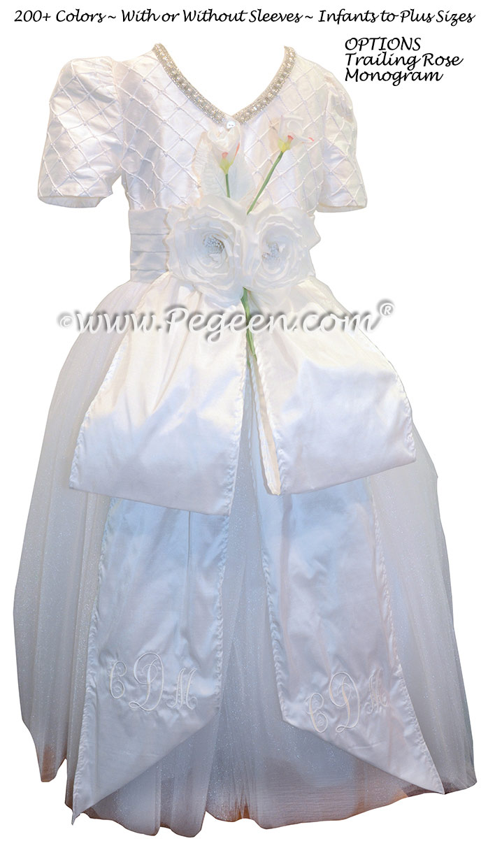 Cotillion or Couture Jr. Bridesmaids Dress w/Tulle, Pintucks and Pearled Silk Trellis, Pearls and Rhinestone Trim