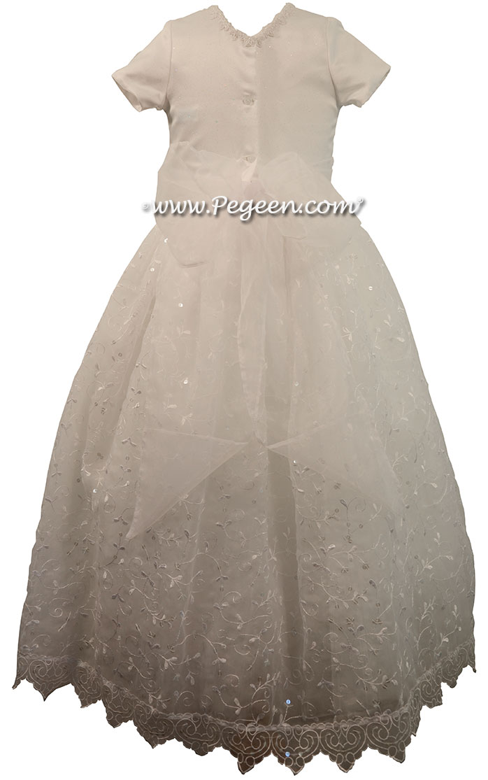Cotillion or Couture First Communion Dress w/Organza Embroidery, Sequins, Satin Bodice and tiny sequined trim