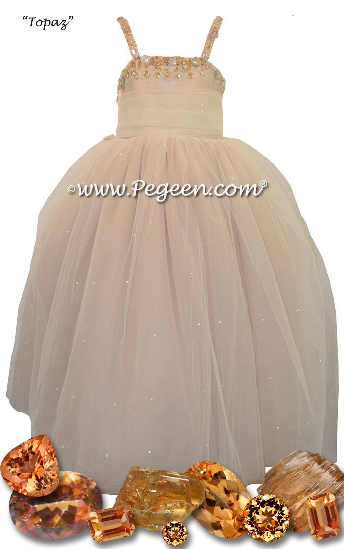 Cotillion or Couture Topaz Fairy Flower Girl Dress w/Tulle, Dew Drop crystal tulle and crystal jewels Style 904