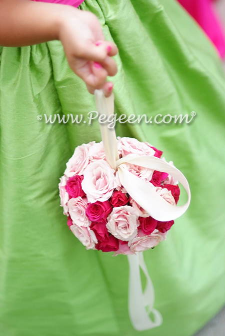 Apple green and hot shock pink Silk flower girl dresses