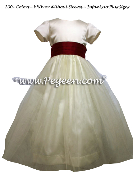Flower Girl Dress in Cranberry and Ivory Satin Bodice with Tulle - Style 356