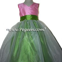 Flower girl dresses in apple green and bubble gum pink