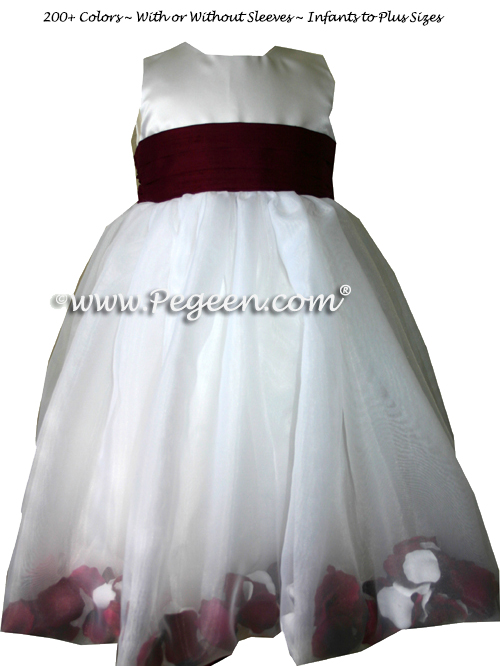 FLOWER GIRL DRESSES ON STYLE 331 with a set of petals in white and burgundy