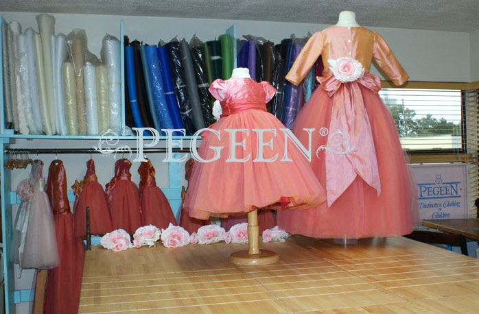 Pegeen's Coral Rose and orange shades of silk and Tulle Degas Style FLOWER GIRL DRESSES with 10 layers of tulle