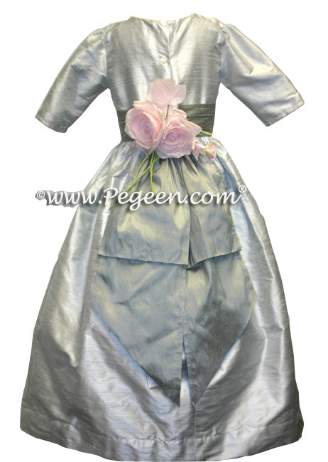 French blue and platinum silk custom flower girl dresses with 3/4 sleeve