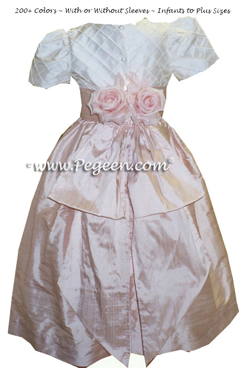 Flower Girl Dress in Blush Pink and White Silk Trellis Style 357