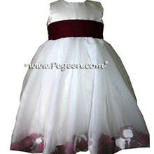 White and burgundy silk and organza flower girl dress
