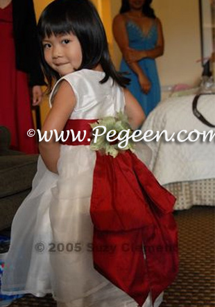 Red and white custom silk flower girl dresses