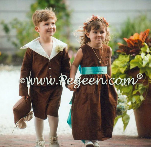 Ringbearer suit and chocolate brown flower girl dresses and matching brown sailor suit