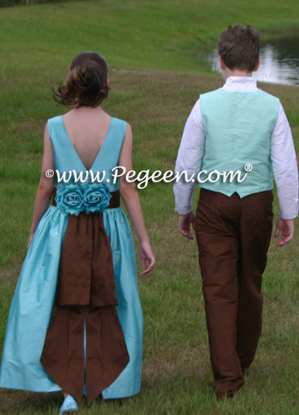 Custom silk tiffany blue and chocolate brown flower girl dress style 383