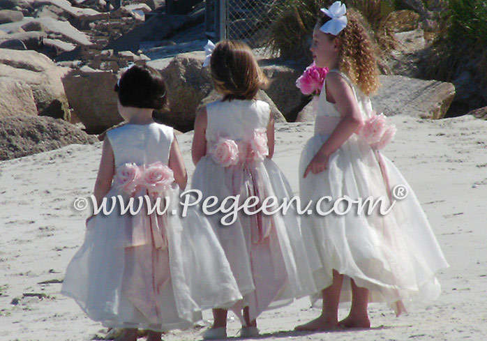 Ivory and pink beach themed weddings flower girl dresses