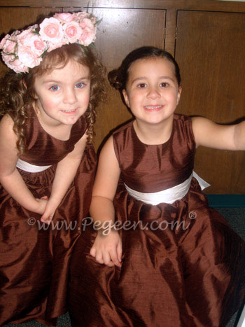 Flower Girl Dresses in Chocolate and Antique White in Style 345 and Boys Ringbearer Style 509