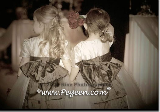 Medium Gray and platinum silk custom flower girl dresses with gray tulle