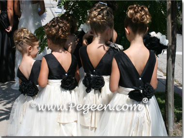 New Ivory and Black Flower Girl Dress with Bustle and Back Flowers