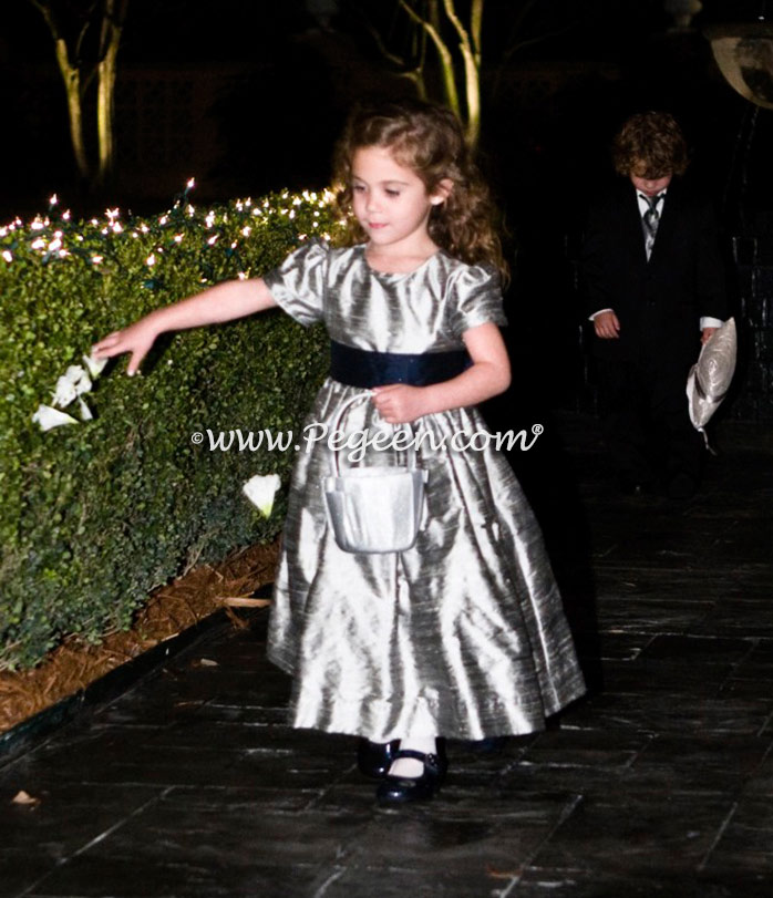 Silver and navy custom silk flower girl dress - above - Pegeen Classic Style 398