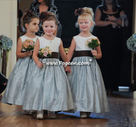 Caribbean Blue and Brown flower girl dresses by Pegeen to match Jim Hjelm - Pegeen Classic Style 383