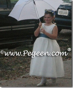 Blue and white silk plus size flower girl dresses