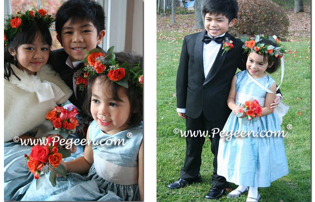 Jim Hjelm Matching Flower Girl Dress by Pegeen in Caribbean Blue and Platinum silk