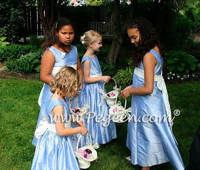 Pegeen Tween style 320 for Jr. Bridesmaids and style 398 in light wisteria and white flower girl dresses