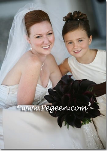 chocolate brown and ivory silk with pearls flower girl dresses